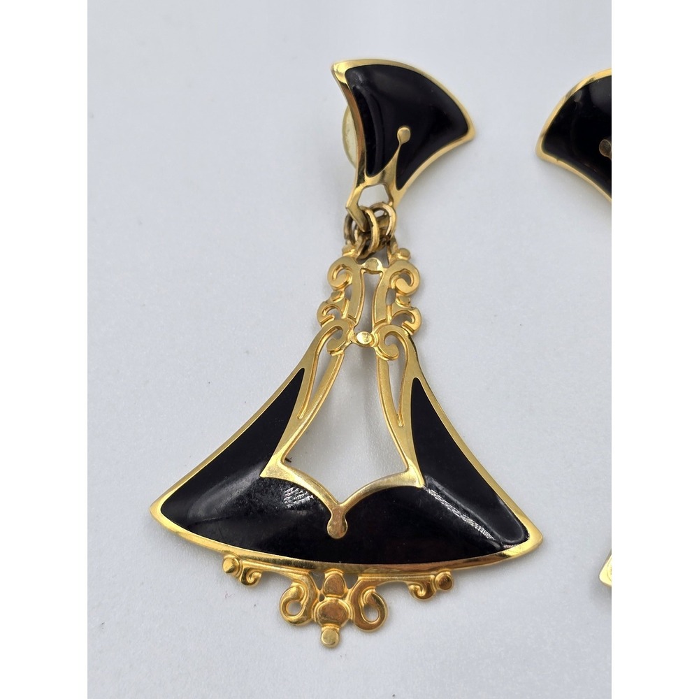 Vintage Edgar Berébi Black Enamel Gold Tone Dangle Earrings Art Deco Style - Picture 4 of 8